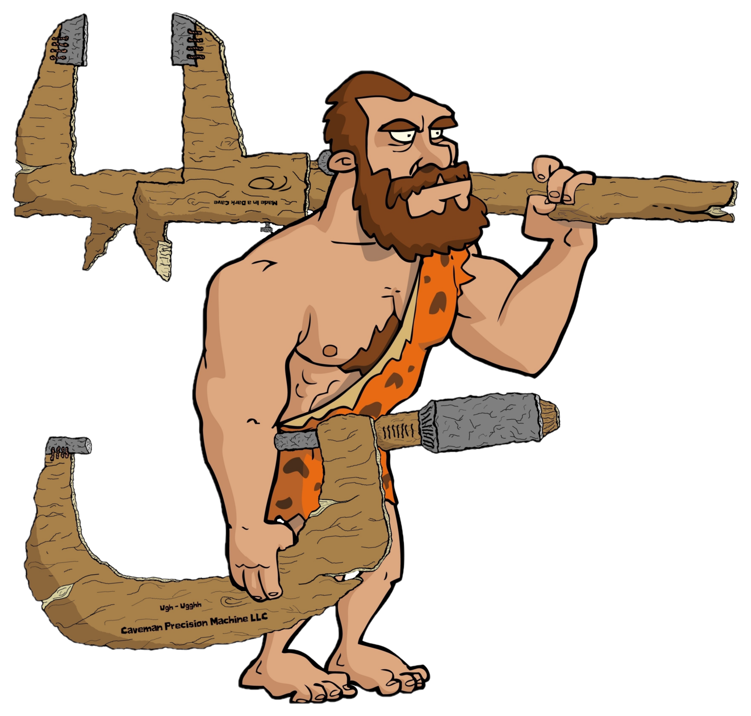 Caveman Precision Machine logo — a caveman with wood and stone calipers